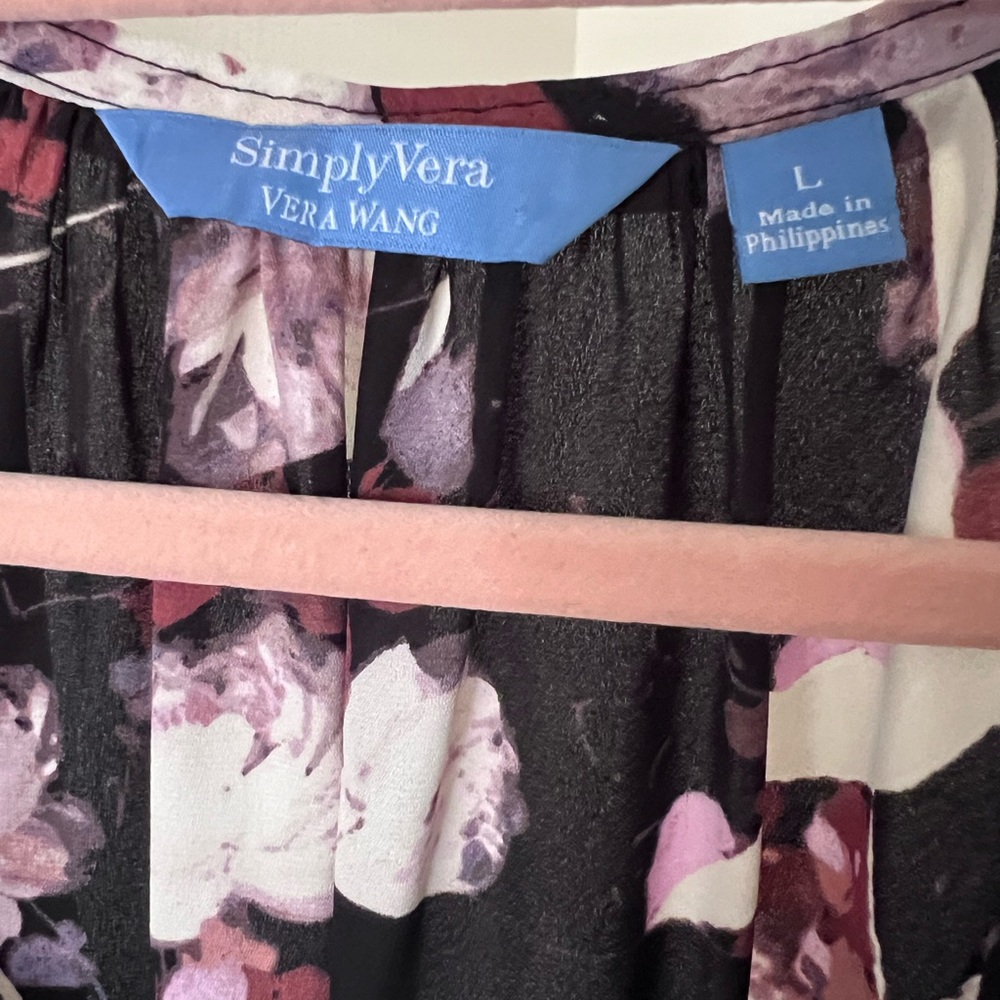 Simply Vera Vera Wang Black &Pink Purple Floral V Neck Long Sleeve Blouse Large - Picture 4 of 7